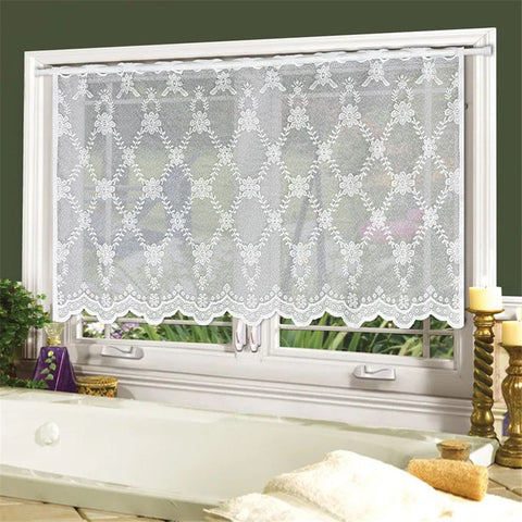 Small fresh white flower short curtain kitchen living room lace polyester mesh semi curtain non perforated curtain decoration (White 60X140cm) In Australia - Darrahopens