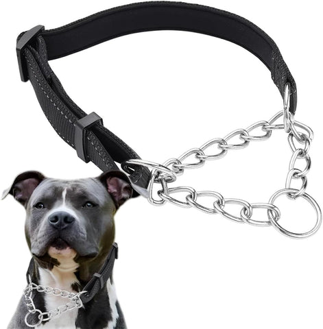Dog Collars Adjustable Soft Nylon Reflective Collars with Stainless Steel Chain Walking Training Collars Heavy-Duty Puppy Chain Collars for Small,Medium,Large Dogs(Black,L) In Australia - Darrahopens