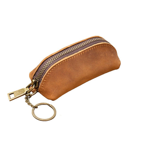 Leather Zipper Coin Pouch, Genuine Cowhide Handcrafted Coin Organizer Change Holder Keychain Coin Purse for Men & Women  (Brownish yellow) In Australia - Darrahopens