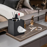 Tissue Box Cover Square Tissue Box Holder PU Leather Facial Tissues Organizer with Storage Tray for Bathroom Vanity Bedroom Office Car, Stylish Napkin Caddy Decorative Organizer (Black)