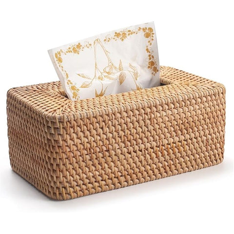 Rattan Tissue Box Cover Natural Woven Facial Napkin Holder Rectangular Universal for all types of rooms10 x 6x 4 Inch