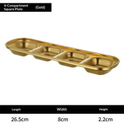 Stainless Steel Sauce Dish Dipping Bowls with 4 Compartment Divided, Metal Seasoning Plate Dipping Bowl for Sauce or Dressing, Gold
