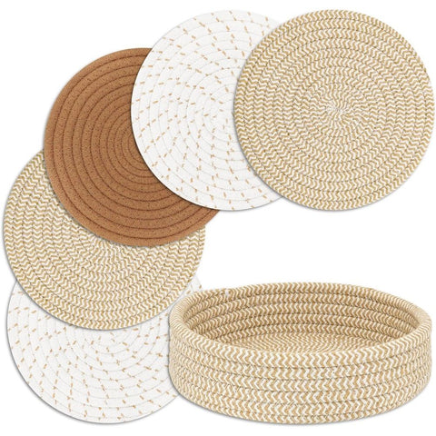 for Hot Dishes, Pots and Pans, Hot Pads with Storage Basket, Pot Holders for Kitchen, Heat Resistant Mat Protect Counter Home Essentials, Farmhouse Decor (Ivory white 5 pieces+basket) In Australia - Darrahopens