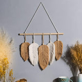 Wall Hanging Leaves Chic Woven Leaf Tassels Decoration Cotton Ornaments Tapestry Room Decor Modern Bohemian Handmade Feather Wall Art Decorations(Yellow and white)