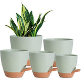 Plant Pots Indoor Set of 5 Self Watering Planters for Indoor Plants with Drainage Hole, Plastic Flower Pots for Succulents (Green)