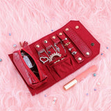 Roll Travel Jewel Bag case for Multiple Necklaces, Rings, Bracelets, Supple Leather, Large Capacity Without Crease, Lightweight, Portable & Practical (red)