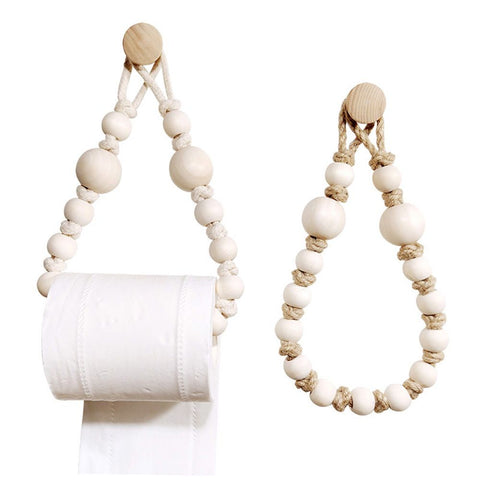 Rope Toilet Paper Holder, Wood Bead Hemp Rope Towel Holder, 2 Pcs Wall Mount Boho Toilet Tissue Holder No-Drill Bathroom Towel Holder