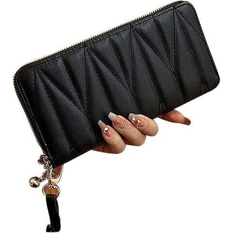 Women Leather Wallet Blocking Large Capacity Zipper Around Travel Wristlet Bag, Long Zip Card Holder Clutch with Wrist Strap
