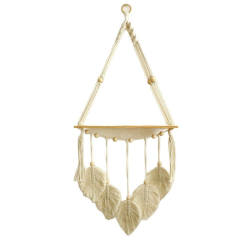 Wooden Wall Hanging w/Shelf & Sturdy Beaded Rope - Handmade Modern Living Room Decor - Wall Decor to Securely Hold Plants & More - Beautiful Boho Decorations for Interior Design