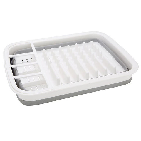 Silicone Clear & Grey Dish Drying Rack with 4 Silverware Slots Compact Size | Collapsible Space-Saving Design Fits in Cabinet（Excluding tableware
）