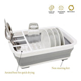 Silicone Clear & Grey Dish Drying Rack with 4 Silverware Slots Compact Size | Collapsible Space-Saving Design Fits in Cabinet（Excluding tableware
）