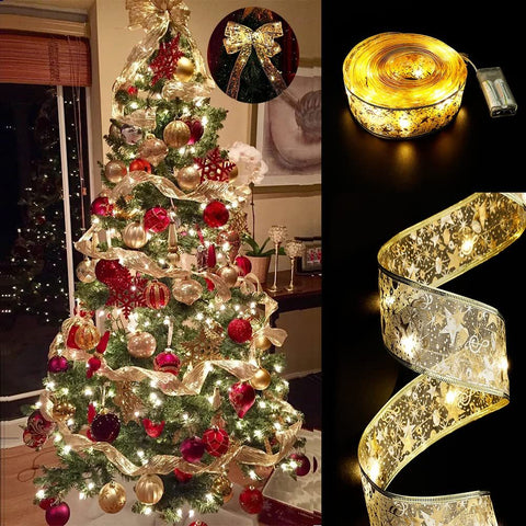 Christmas Tree Decorations String Lights 32.8ft LED Lights Copper Wire Ribbon Bows Lights for Party Weddings Holiday Christmas Tree Decorations (Gold Warm Light Battery Powered) In Australia - Darrahopens