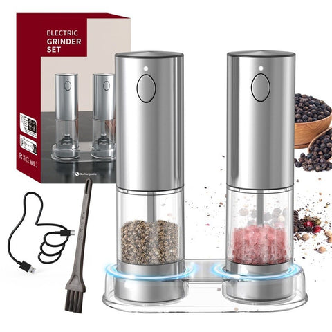 Mini Electric Salt and Pepper Grinder Set with Base, USB Rechargeable, Small Automatic Salt Pepper Mill Grinder, Travel/Outdoor BBQ/Children, One-Button Control (2 Packs, Stainless Steel) In Australia - Darrahopens