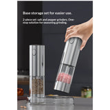 Mini Electric Salt and Pepper Grinder Set with Base, USB Rechargeable, Small Automatic Salt Pepper Mill Grinder, Travel/Outdoor BBQ/Children, One-Button Control (2 Packs, Stainless Steel) In Australia - Darrahopens
