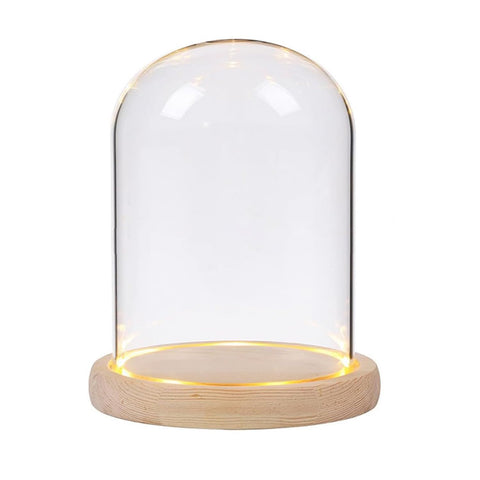 Glass niche dome with wooden LED lamp base, transparent display dome, countertop glass niche display cabinet, small statue, souvenir, plant, ideal gift（12*22cm） In Australia - Darrahopens