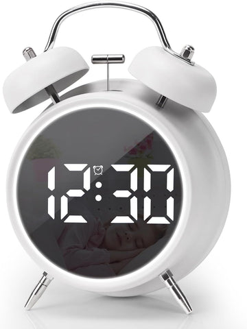 Digital Small Alarm Clock,  Double Bell Electronic LED Alarm Clock, Plug in or Battery Operated Silent Metal Table Clock, Bedside Loud Bell Clock for Heavy Sleepers Adults Kids (White) In Australia - Darrahopens