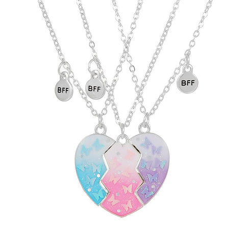 3Pcs/set Silver Heart Necklaces with Butterflies and Glitter for Girls Friends BFF Friendship Jewelry Colorful Gifts In Australia - Darrahopens