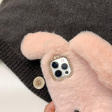 Compatible with iPhone 15 Pro Max Rabbit Case, Soft Fluffy Furry Cute Bunny Plush Rabbit Cover Warm Big Ear Bling Crystal Rhinestone Bowknot Ultra Thin Case for iPhone 15 Pro Max Women Girls In Australia - Darrahopens
