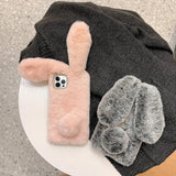 Compatible with iPhone 15 Pro Max Rabbit Case, Soft Fluffy Furry Cute Bunny Plush Rabbit Cover Warm Big Ear Bling Crystal Rhinestone Bowknot Ultra Thin Case for iPhone 15 Pro Max Women Girls