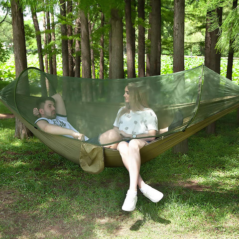 Camping Hammock with Mosquito Net, Portable Hammock with Net, 1 & 2Persons Outdoor Swing Hammock, Nylon Parachute Material Outside Quick Opening, Hiking Travel Courtyard (Green) In Australia - Darrahopens