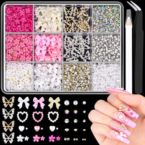 3D Nail Charms and Gems Set 7, 20PCS Chunky Butterfly Charms + 75PCS Coquette Nail Bows and Hearts + 3D Flowers for Nails with Rhinestones, Pearls, Diamonds and Picker Tools for Y2K Nail Decor In Australia - Darrahopens