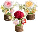 3 Set Handmade Crochet Flowers Potted Plant for Teachers Office Desk Decor,Cute Knitted Crcohet Rose Flower in Wooden Pot for Home Office Car Dashboard Decor,Rose In Australia - Darrahopens