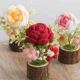 3 Set Handmade Crochet Flowers Potted Plant for Teachers Office Desk Decor,Cute Knitted Crcohet Rose Flower in Wooden Pot for Home Office Car Dashboard Decor,Rose In Australia - Darrahopens