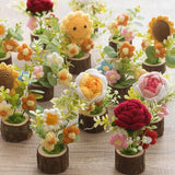 3 Set Handmade Crochet Flowers Potted Plant for Teachers Office Desk Decor,Cute Knitted Crcohet Rose Flower in Wooden Pot for Home Office Car Dashboard Decor,Rose