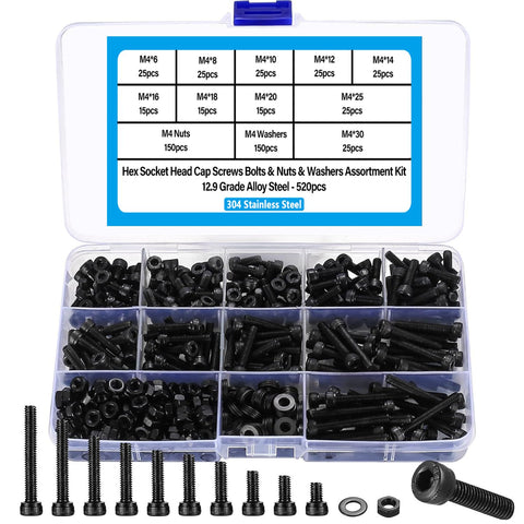 Button Head Socket Cap Screws Bolts and Nuts, 12.9 Grade Alloy Steel, Black Oxide Finish, Fully Threaded, Assortment Kit 520PCS In Australia - Darrahopens