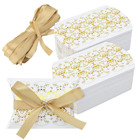 50Pcs Gold Party Favor Treat Boxes, Small Pillow Boxes, Goodie Boxes with 50 Gold Ribbon, Paper Gift Boxes for Wedding In Australia - Darrahopens