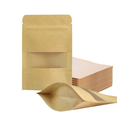 100 Pcs Resealable bags,Stand Up Kraft Paper Bags with Matte Window, Zip Lock Food Storage Bags for Packaging Products, Reusable In Australia - Darrahopens