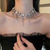 Necklace for Women Full Rhinestone Tassel Necklace Boho Bridal Necklaces for Wedding Prom Party Silver Layered Chain Necklaces
