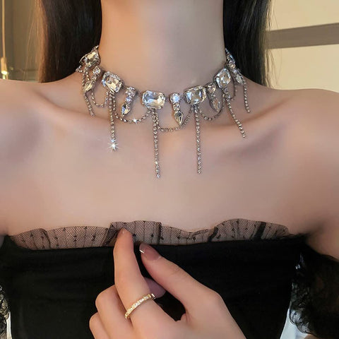 Necklace for Women Full Rhinestone Tassel Necklace Boho Bridal Necklaces for Wedding Prom Party Silver Layered Chain Necklaces