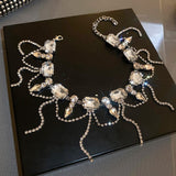 Necklace for Women Full Rhinestone Tassel Necklace Boho Bridal Necklaces for Wedding Prom Party Silver Layered Chain Necklaces