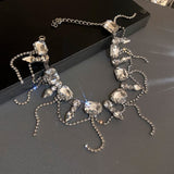 Necklace for Women Full Rhinestone Tassel Necklace Boho Bridal Necklaces for Wedding Prom Party Silver Layered Chain Necklaces