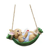 Cute Garden Swing Rabbit Outdoor Hanging Statues, Rabbit Parent and Child Reading in Swing Leaf Hammock