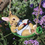 Cute Garden Swing Rabbit Outdoor Hanging Statues, Rabbit Parent and Child Reading in Swing Leaf Hammock