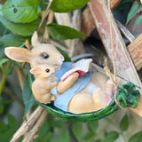 Cute Garden Swing Rabbit Outdoor Hanging Statues, Rabbit Parent and Child Reading in Swing Leaf Hammock