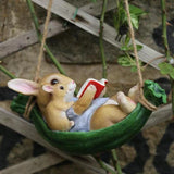Cute Garden Swing Rabbit Outdoor Hanging Statues, Rabbit Parent and Child Reading in Swing Leaf Hammock