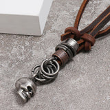 Classic Skeleton Brown Genuine Leather Pendant Necklace Skull Steampunk Chunky Pendants Jewelry for Men Choker
