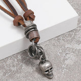 Classic Skeleton Brown Genuine Leather Pendant Necklace Skull Steampunk Chunky Pendants Jewelry for Men Choker