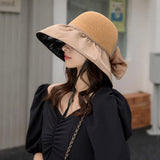 3 pcs Foldable Anti-UV Ribbon Pouch Sun Hat, Packable Ribbon Sun Shade Beach Hat, Womens Beach Sun Straw Hat