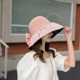 3 pcs Foldable Anti-UV Ribbon Pouch Sun Hat, Packable Ribbon Sun Shade Beach Hat, Womens Beach Sun Straw Hat