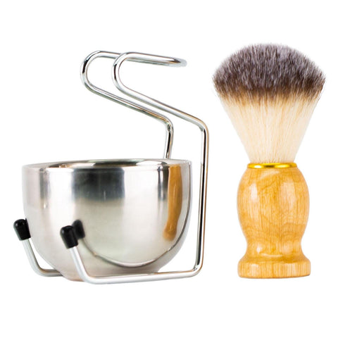 Mens Shaving Brush and Bowl Set, 3-in-1 Shaving Brush Kit Wood Handle with Stainless Steel Shaving Bowl & Brush Stand In Australia - Darrahopens