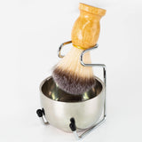 Mens Shaving Brush and Bowl Set, 3-in-1 Shaving Brush Kit Wood Handle with Stainless Steel Shaving Bowl & Brush Stand