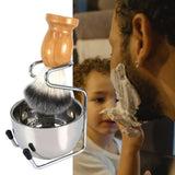 Mens Shaving Brush and Bowl Set, 3-in-1 Shaving Brush Kit Wood Handle with Stainless Steel Shaving Bowl & Brush Stand