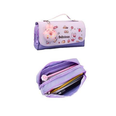 Donuts Pencil Case Cute Cartoon Pen Holder Large Capacity Pencil Pouch Box Aesthetic Pen Case Three-layer Pencil