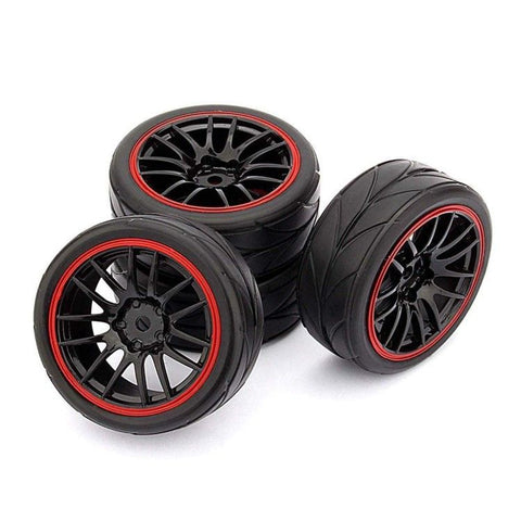 4 pcs On Road Rubber Tires & Wheel Rim, 12mm Hex Hub Plastic Wheel Rims Compatible with 1/10 On-Road Touring Car-Red