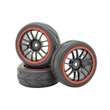 4 pcs On Road Rubber Tires & Wheel Rim, 12mm Hex Hub Plastic Wheel Rims Compatible with 1/10 On-Road Touring Car-Red