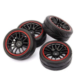 4 pcs On Road Rubber Tires & Wheel Rim, 12mm Hex Hub Plastic Wheel Rims Compatible with 1/10 On-Road Touring Car-Red